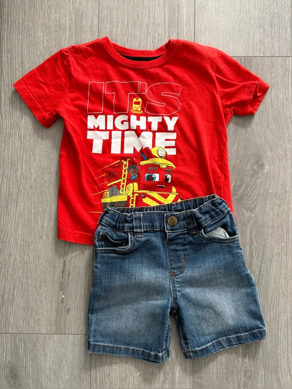 Mighty Time Red Fire Engine T- Shirt Paired with Jean shorts . Boys 2T